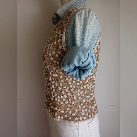 Adrianna Papell Gold White Pearl Beaded Layering Top Sleeveless Silk Size 8P - Picture 7 of 15